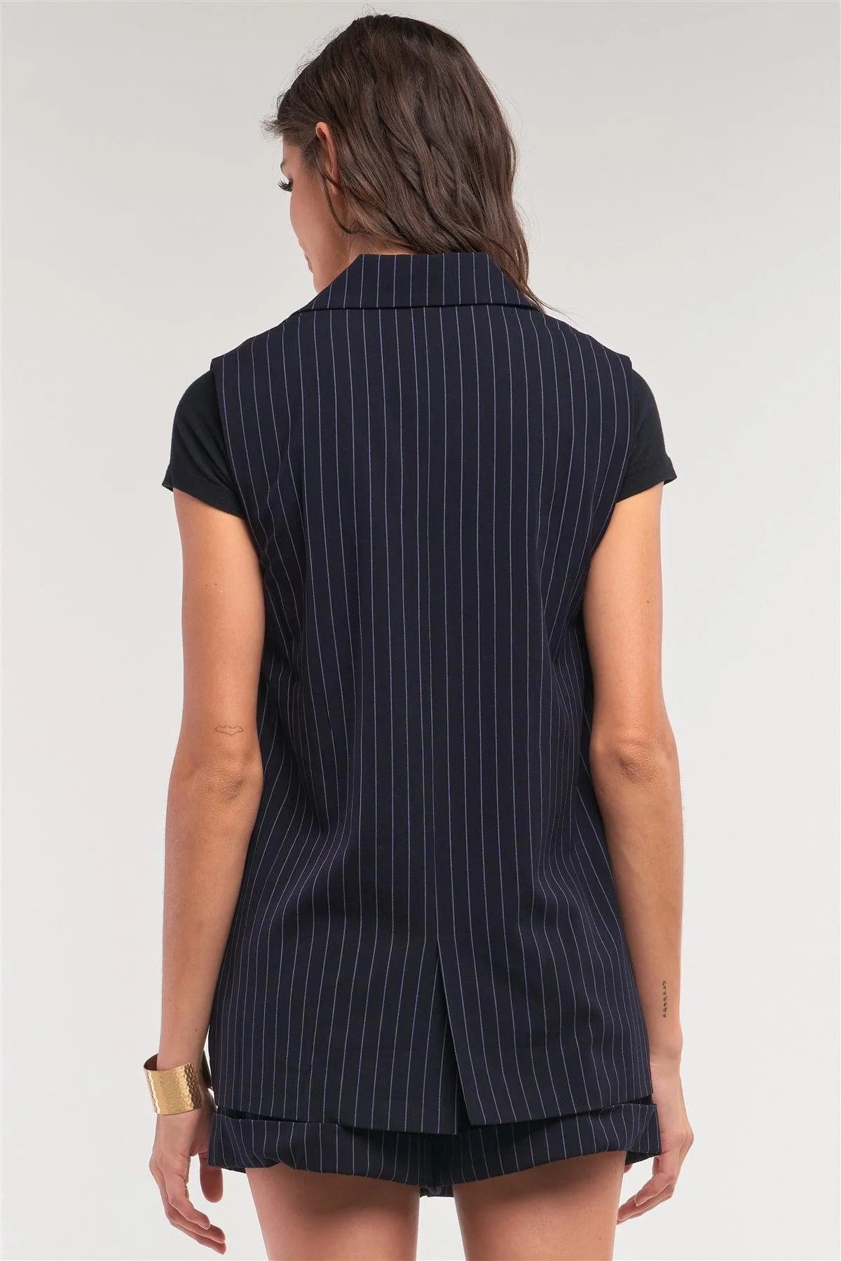 Navy Pinstriped Blazer Vest Top And High Waisted Mini Shorts Two-Piece Set /1-2-2-1 - Tasha Apparel Wholesale