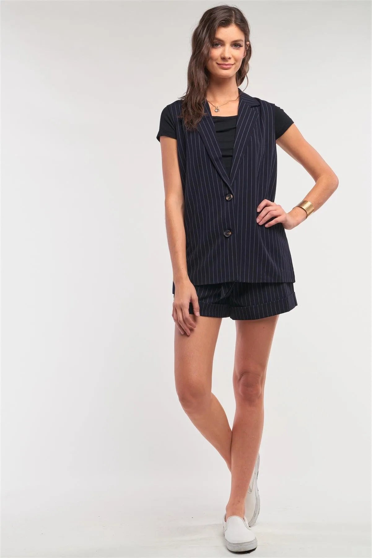 Navy Pinstriped Blazer Vest Top And High Waisted Mini Shorts Two-Piece Set /1-2-2-1 - Tasha Apparel Wholesale