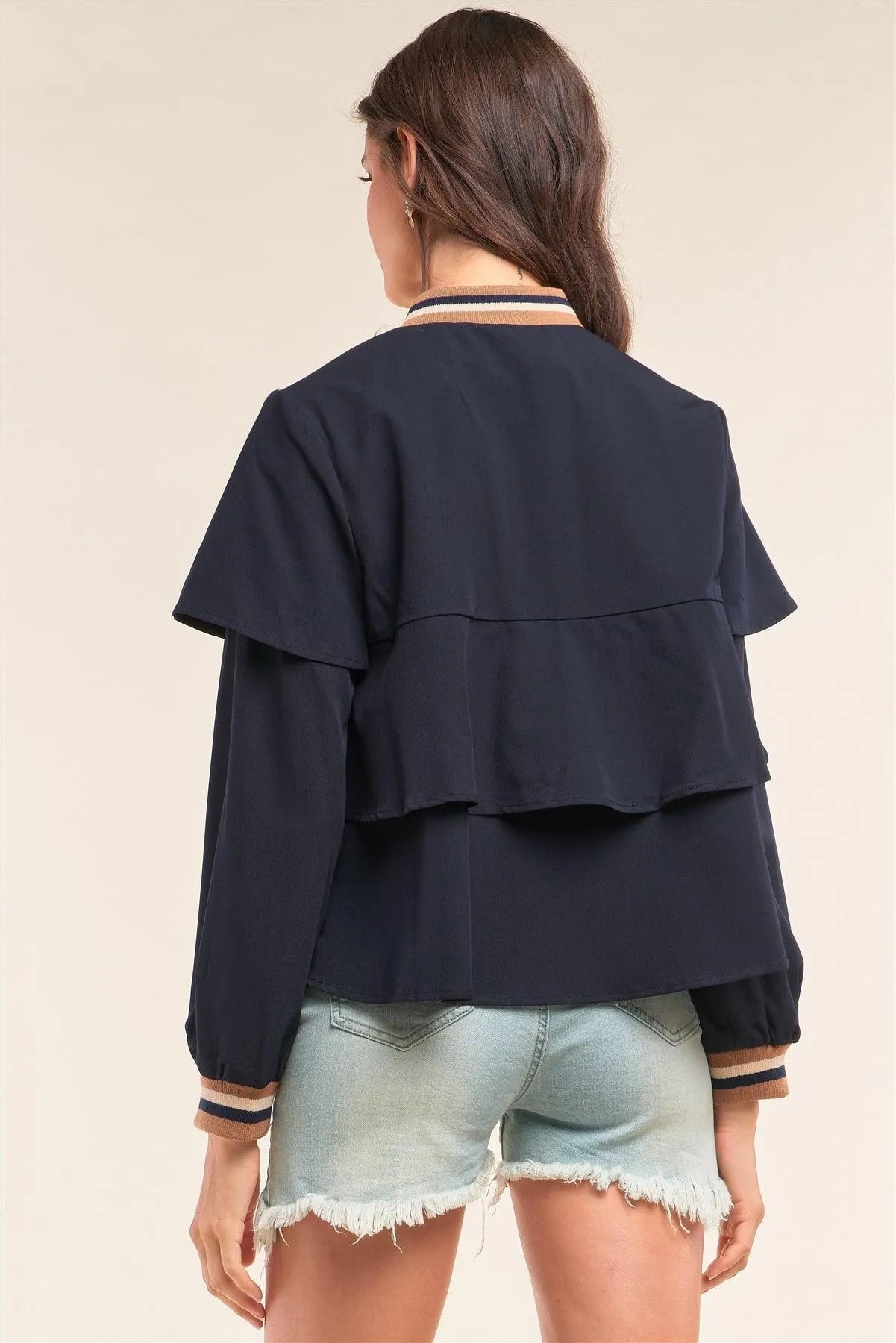 Deep Blue Long Cuffed Sleeve Flare Trim Detail Bomber Jacket /1-2-2 - Tasha Apparel Wholesale