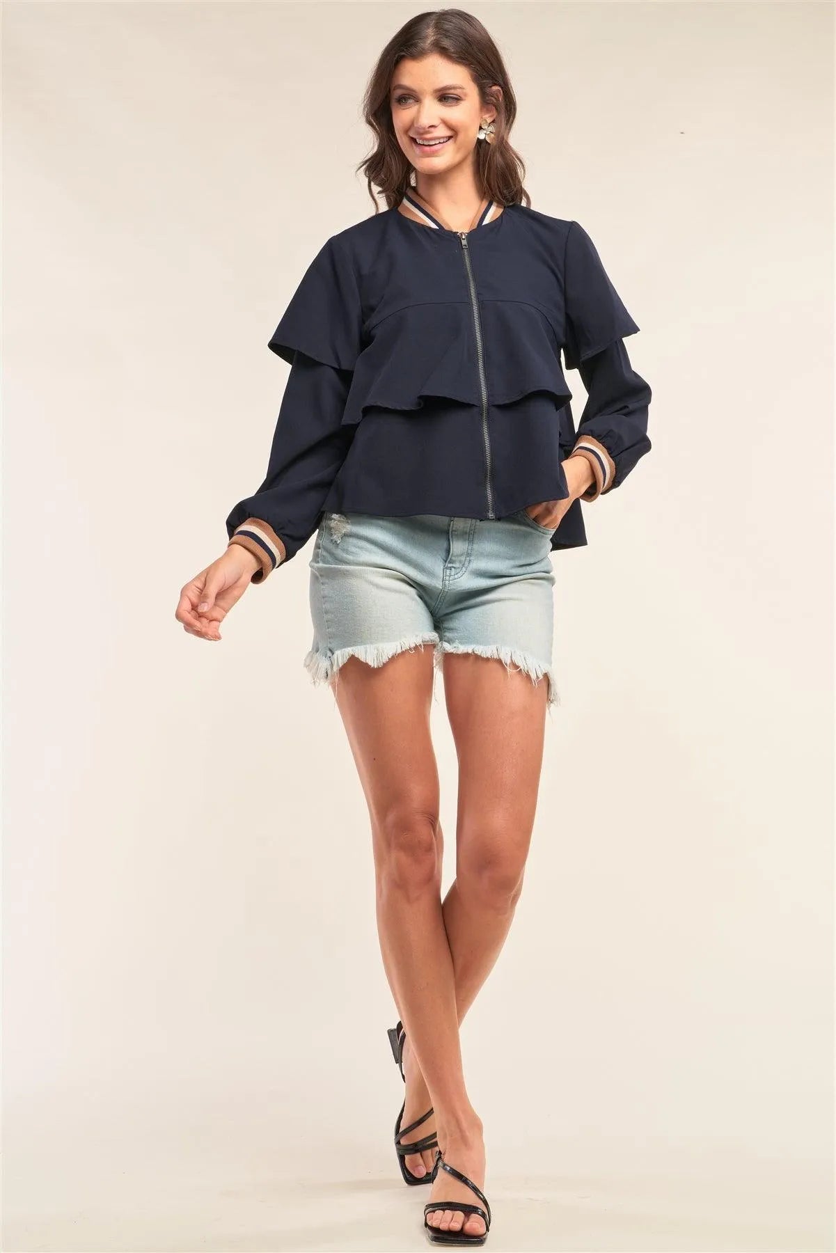 Deep Blue Long Cuffed Sleeve Flare Trim Detail Bomber Jacket /1-2-2 - Tasha Apparel Wholesale