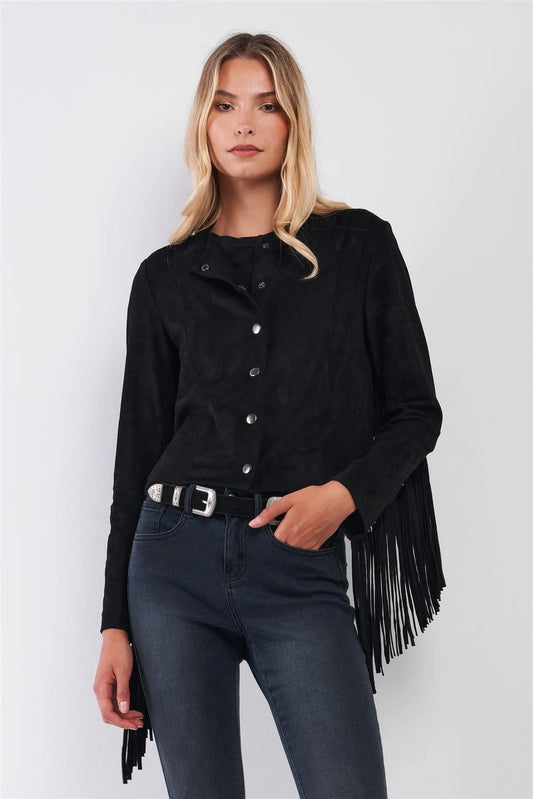 Black Faux Suede Fringed Western Jacket /1-2-2-1 - Tasha Apparel Wholesale