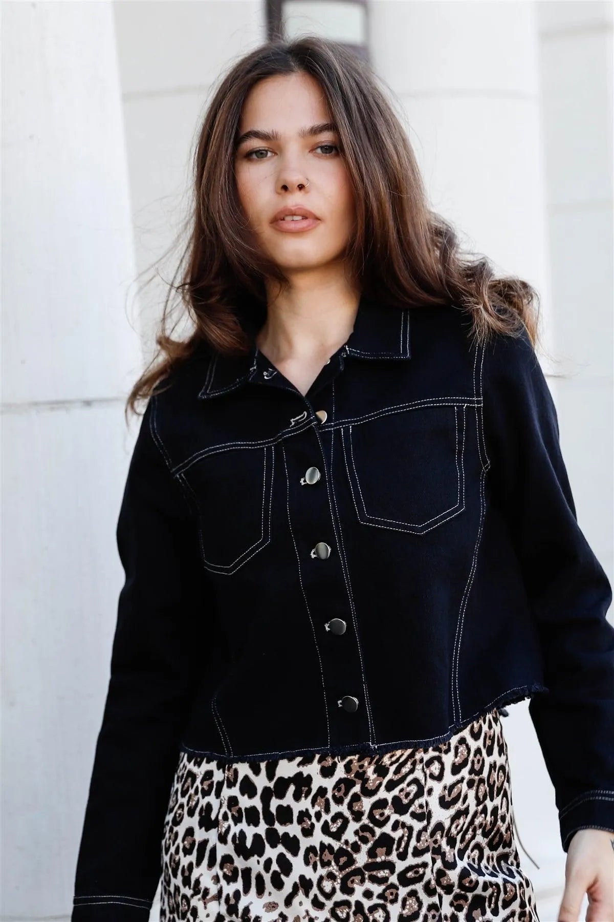 Black Cotton Contrast Stitch & Back Lace Up Details Denim Jacket /1-2-2-1 - Tasha Apparel Wholesale