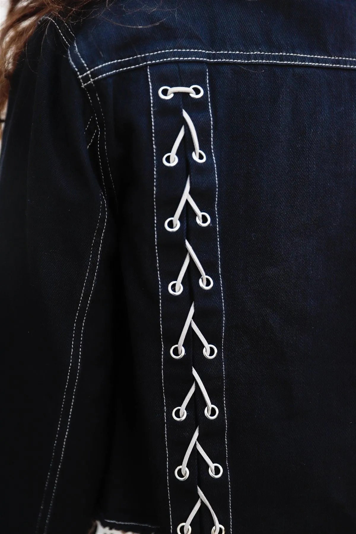 Black Cotton Contrast Stitch & Back Lace Up Details Denim Jacket /1-2-2-1 - Tasha Apparel Wholesale