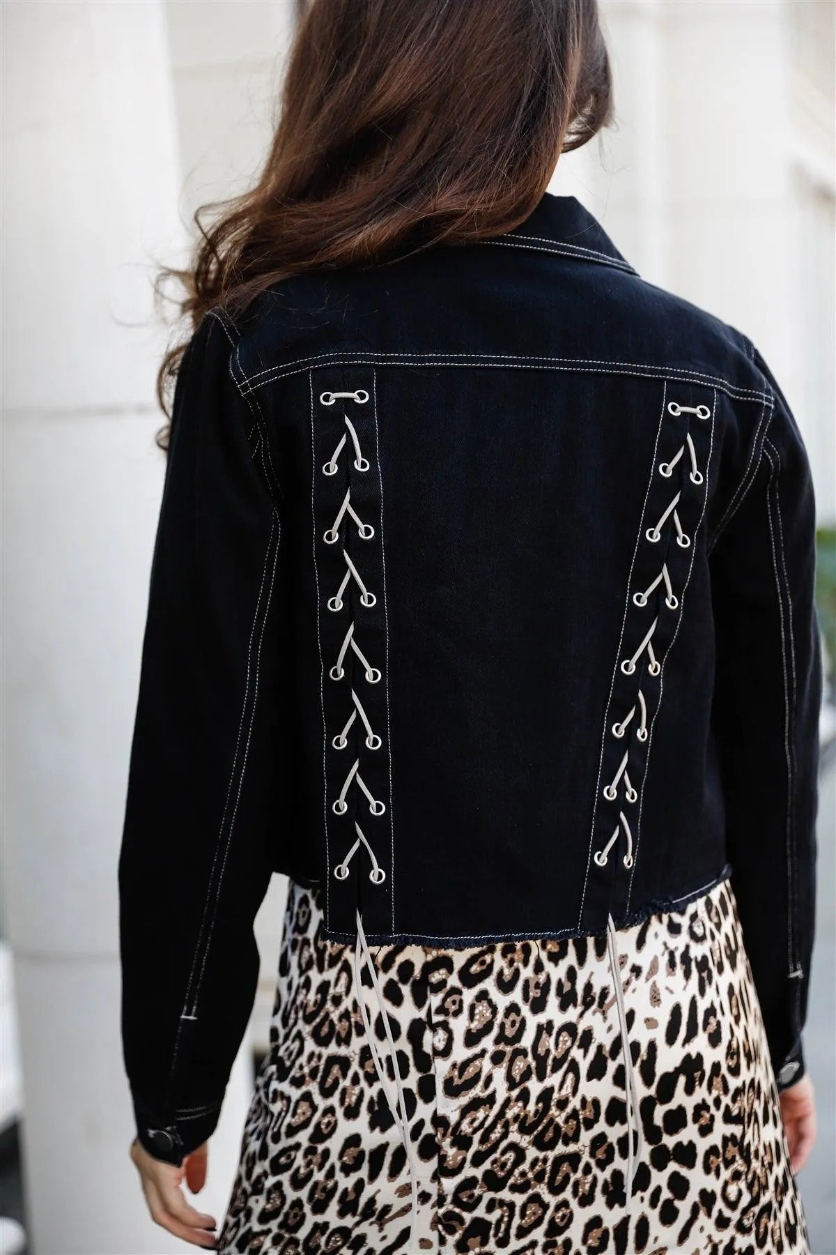 Black Cotton Contrast Stitch & Back Lace Up Details Denim Jacket /1-2-2-1 - Tasha Apparel Wholesale