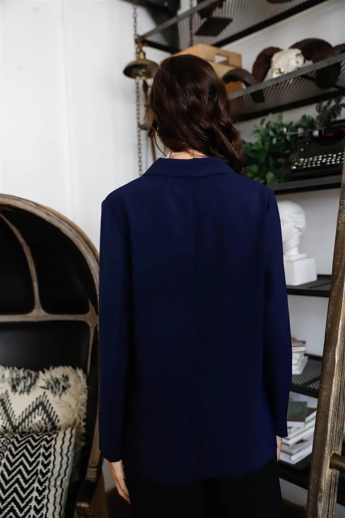 Navy Relaxed Double-Breasted Long Sleeve Blazer /1-2-1-1 - Tasha Apparel Wholesale