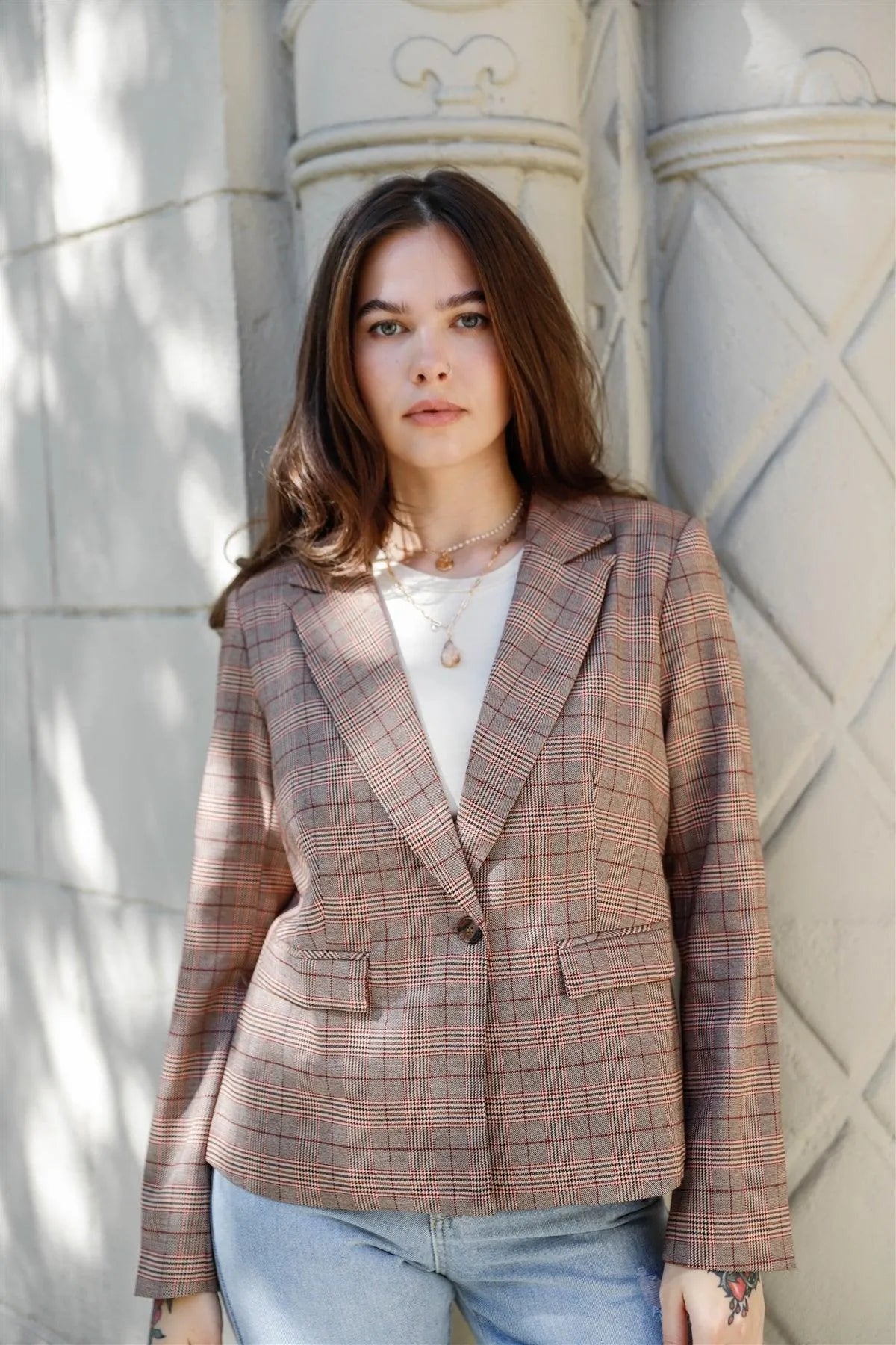 Brown Chelsea Check Single-Breasted Blazer /1-3-2 - Tasha Apparel Wholesale