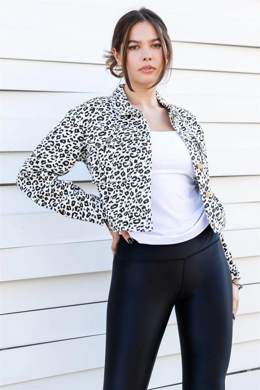 White & Black Cotton Leopard Print Cropped Denim Jacket /3-2 - Tasha Apparel Wholesale
