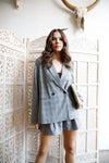 Grey Multi Color Plaid Double-Breasted Blazer & Fold Pleated Belted Shorts Set /1-2-2-1 - Tasha Apparel Wholesale