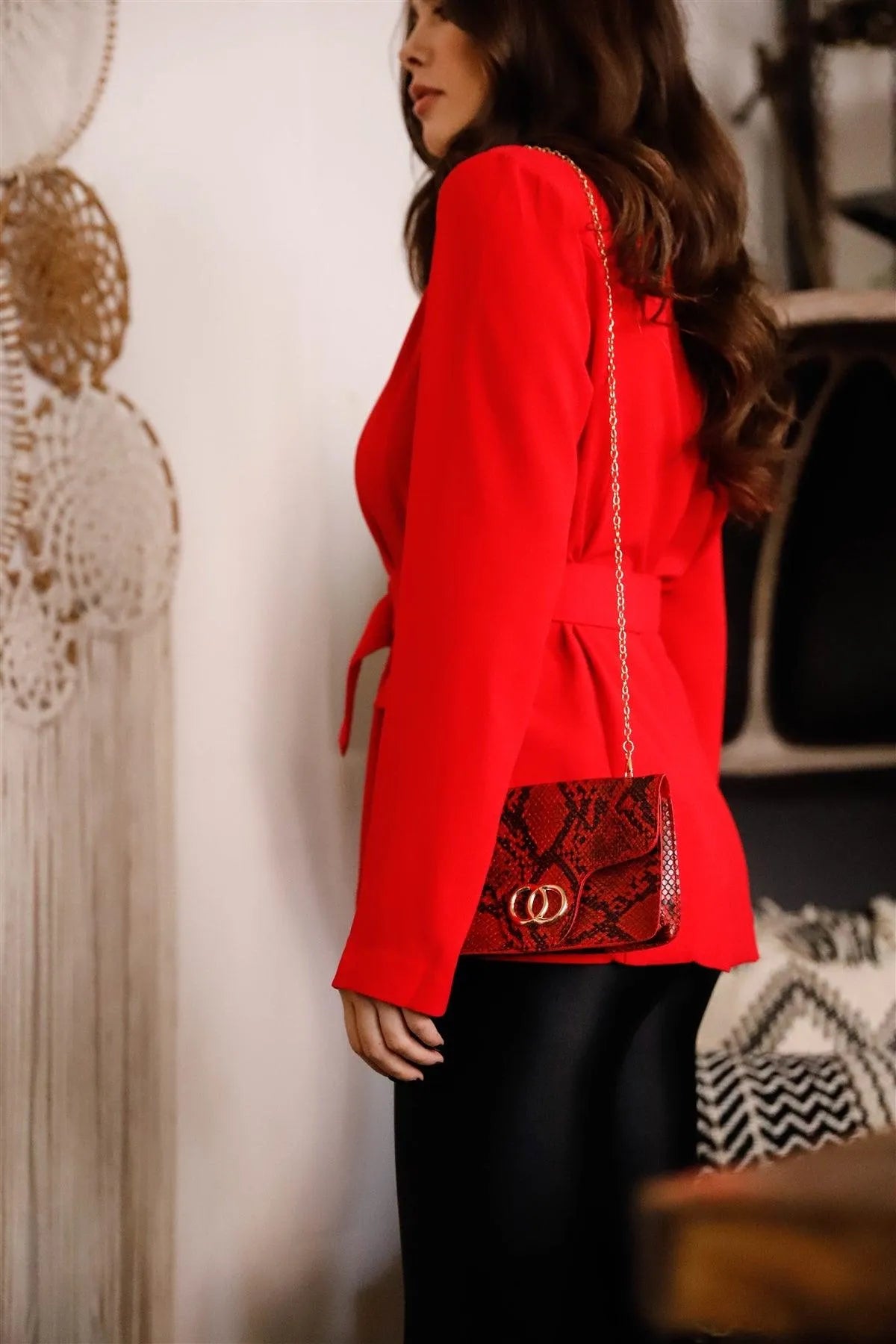 Red Lightweight Belted Long Sleeve Blazer /3-3 - Tasha Apparel Wholesale