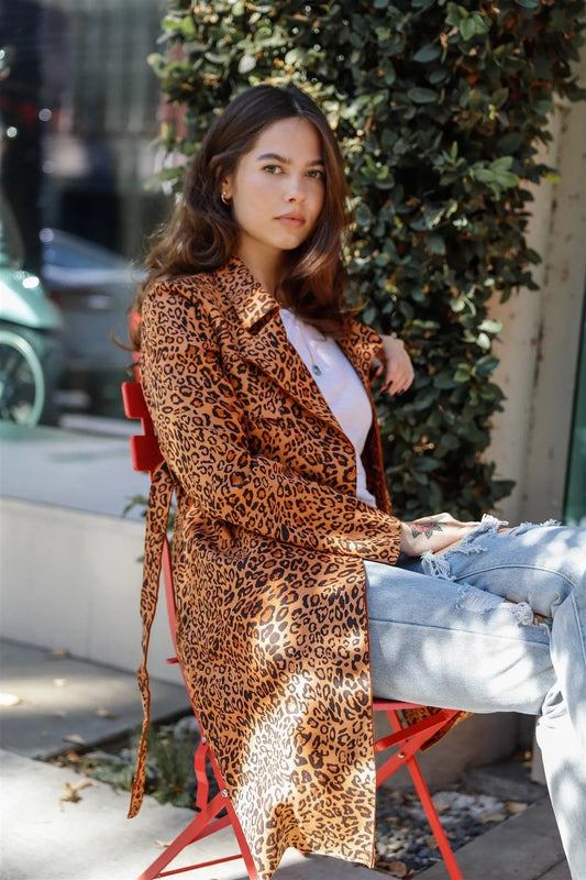 Brown Leopard Print Tie-Waist Vegan Suede Trench Coat /1-3-2 - Tasha Apparel Wholesale