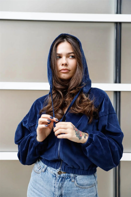 Navy Velvet Stitch Details O-Ring Zip Up Hooded Cropped Sweater Top /1-2-2-1 - Tasha Apparel Wholesale