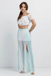 Aqua & White Color Block Semi-Sheer Chiffon High Waist Front Slit Detail Wide Leg Pants /1-2-2-1 - Tasha Apparel Wholesale