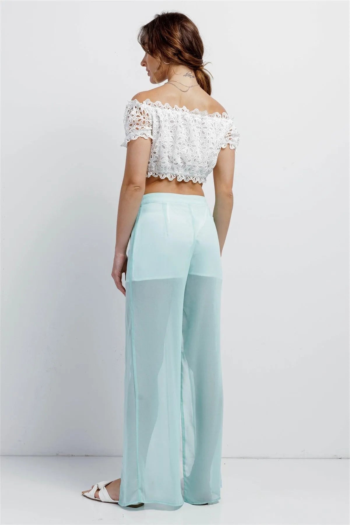 Aqua & White Color Block Semi-Sheer Chiffon High Waist Front Slit Detail Wide Leg Pants /1-2-2-1 - Tasha Apparel Wholesale