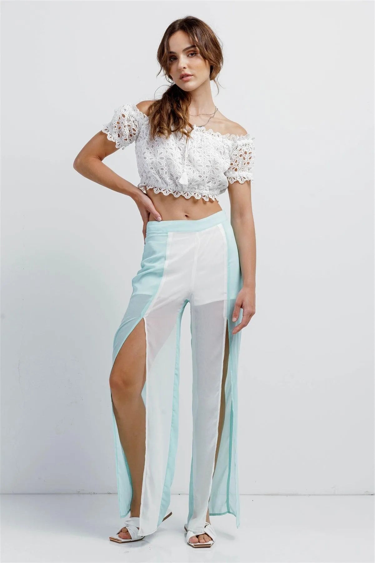 Aqua & White Color Block Semi-Sheer Chiffon High Waist Front Slit Detail Wide Leg Pants /1-2-2-1 - Tasha Apparel Wholesale