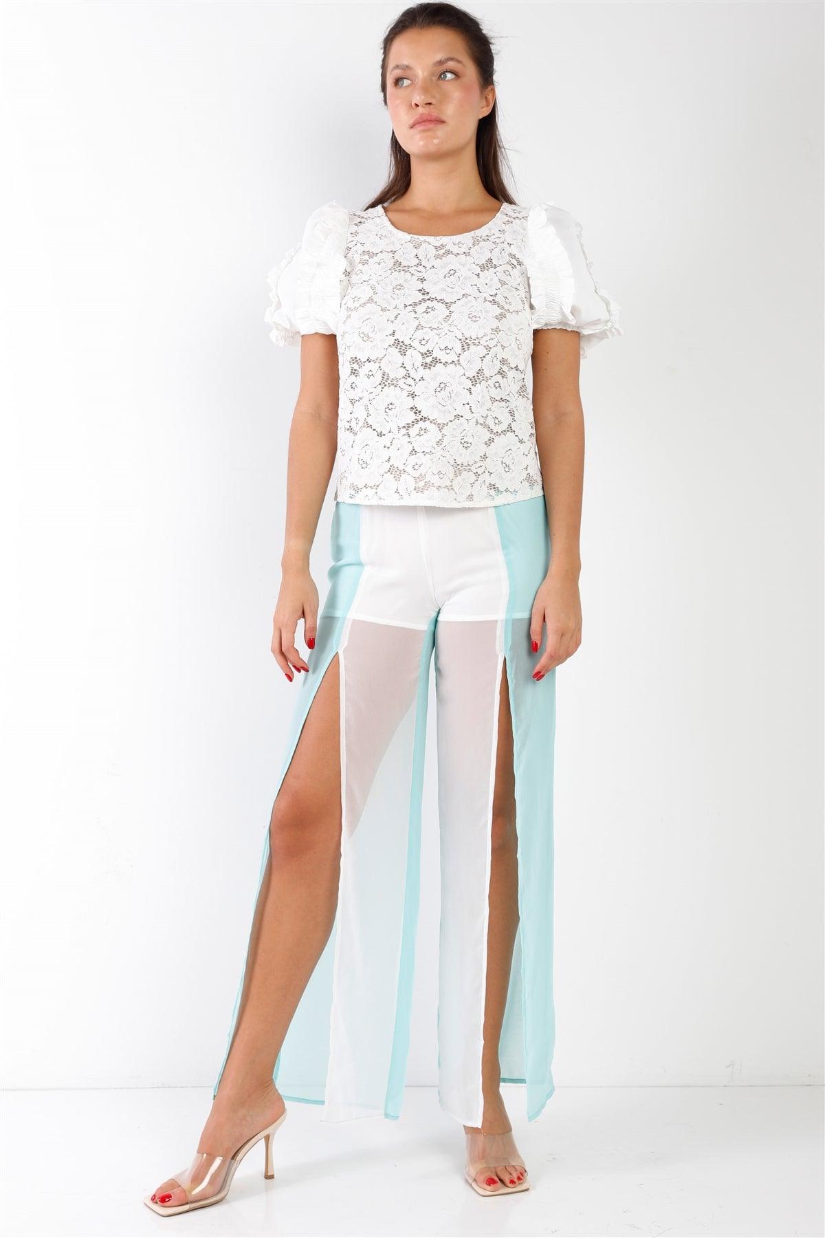 Aqua & White Color Block Semi-Sheer Chiffon High Waist Front Slit Detail Wide Leg Pants /1-3-2