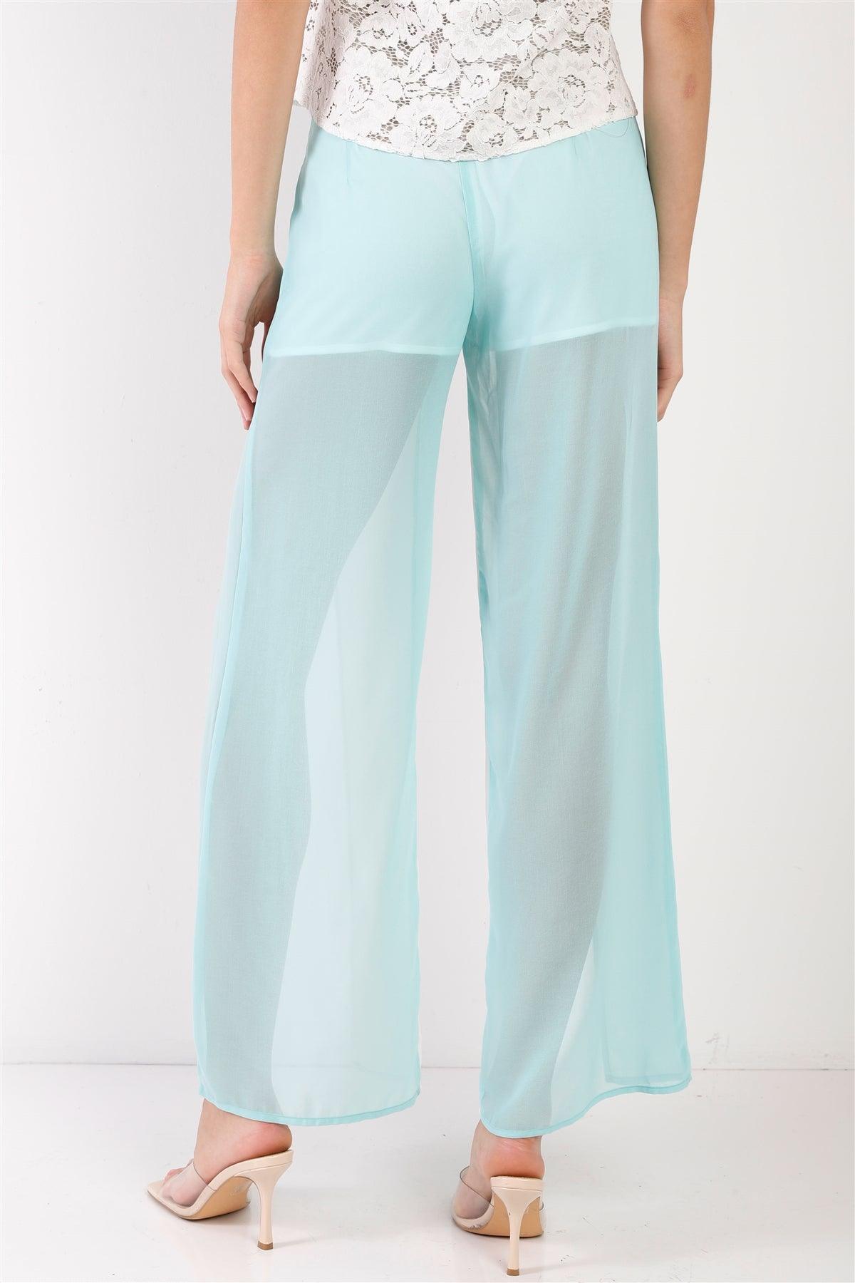 Aqua & White Color Block Semi-Sheer Chiffon High Waist Front Slit Detail Wide Leg Pants /1-3-2