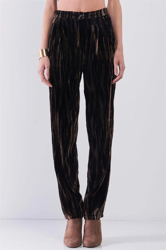 Brown Tiger Stripe Print Velvet Buttoned High Waist Balloon Pants - Tasha Apparel Wholesale