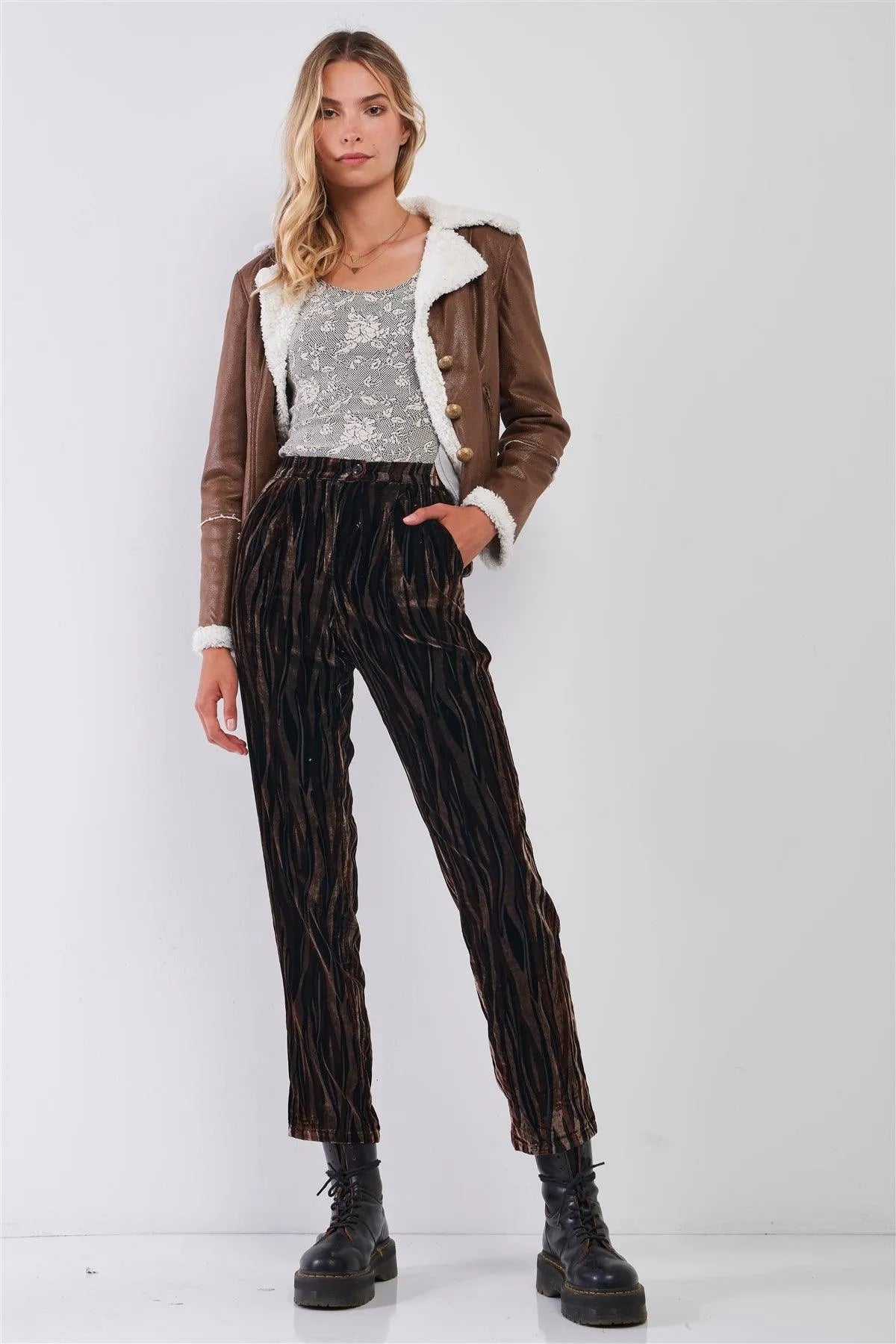 Brown Tiger Stripe Print Velvet Buttoned High Waist Balloon Pants - Tasha Apparel Wholesale