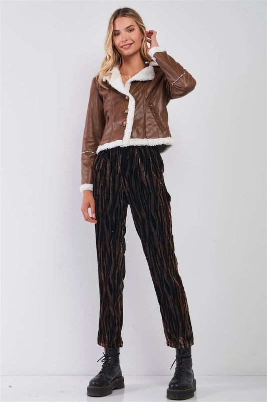 Brown Tiger Stripe Print Velvet Buttoned High Waist Balloon Pants /1-3-2 - Tasha Apparel Wholesale