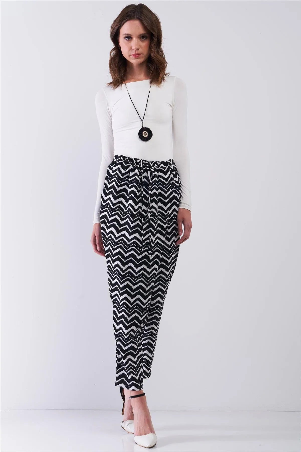 Black Zigzag Print High-Waisted Pegged Pants - Tasha Apparel Wholesale