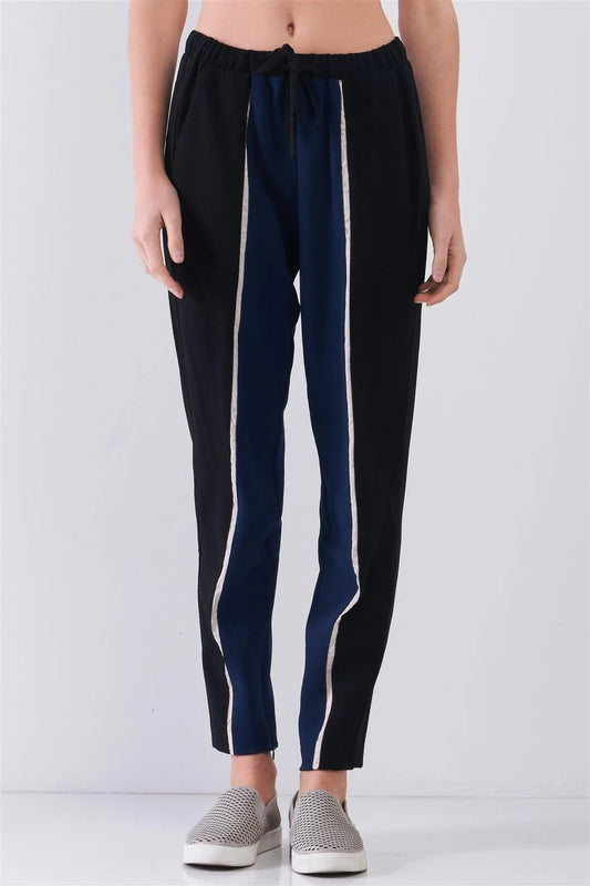 Black & Navy Colorblock High-Waisted Self-Tie Waistline Side Pockets Chinos Pants /1-2-1 - Tasha Apparel Wholesale