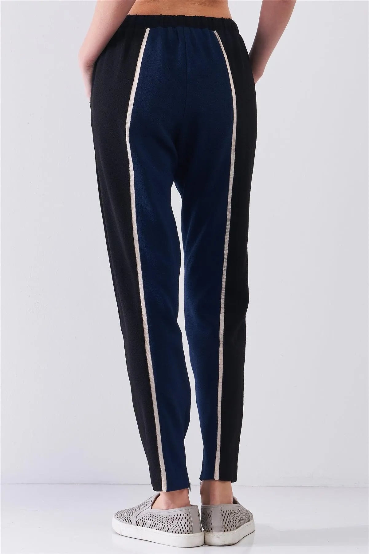 Black & Navy Colorblock High-Waisted Self-Tie Waistline Side Pockets Chinos Pants /1-2-2-1 - Tasha Apparel Wholesale