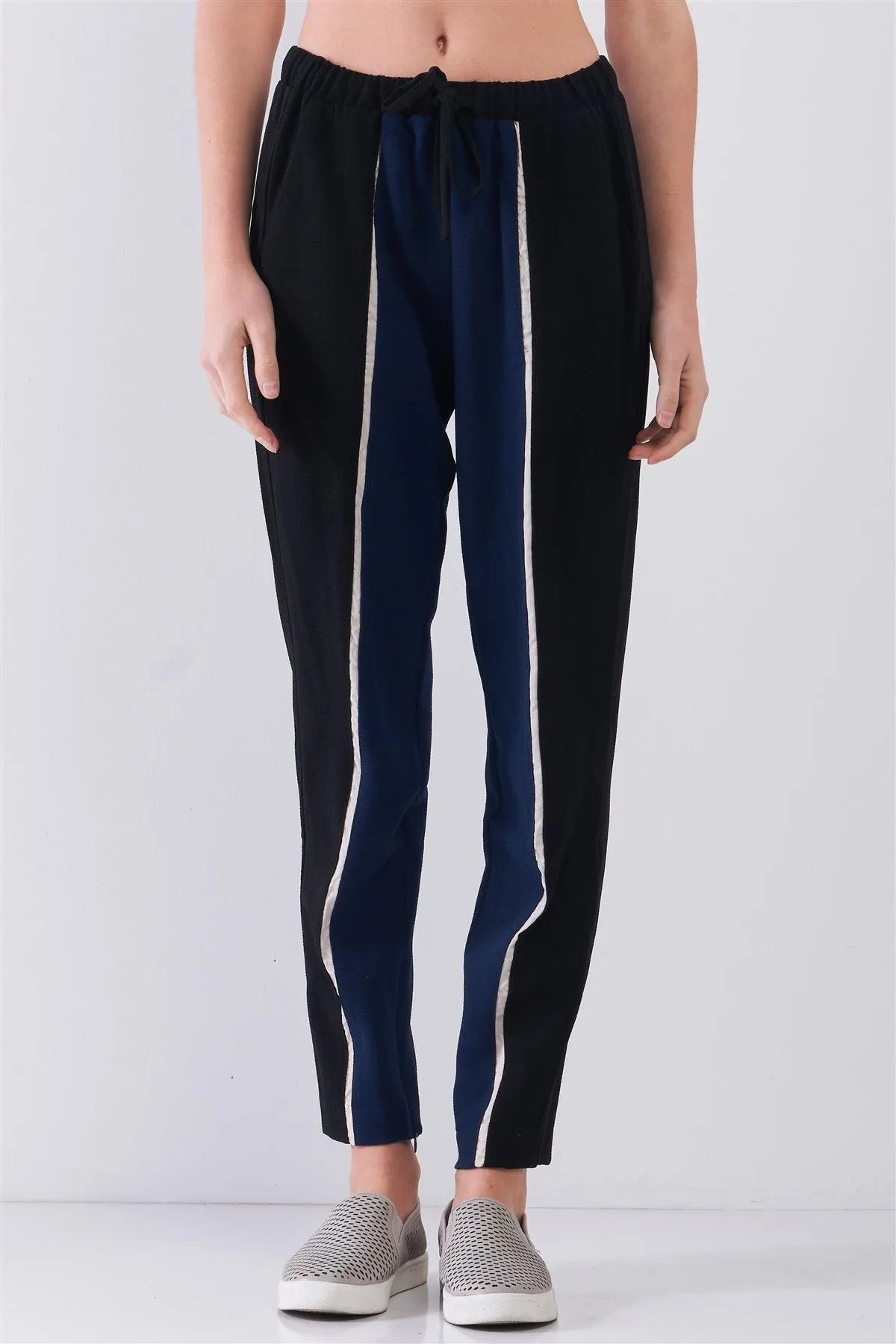 Black & Navy Colorblock High-Waisted Self-Tie Waistline Side Pockets Chinos Pants /1-2-2-1 - Tasha Apparel Wholesale