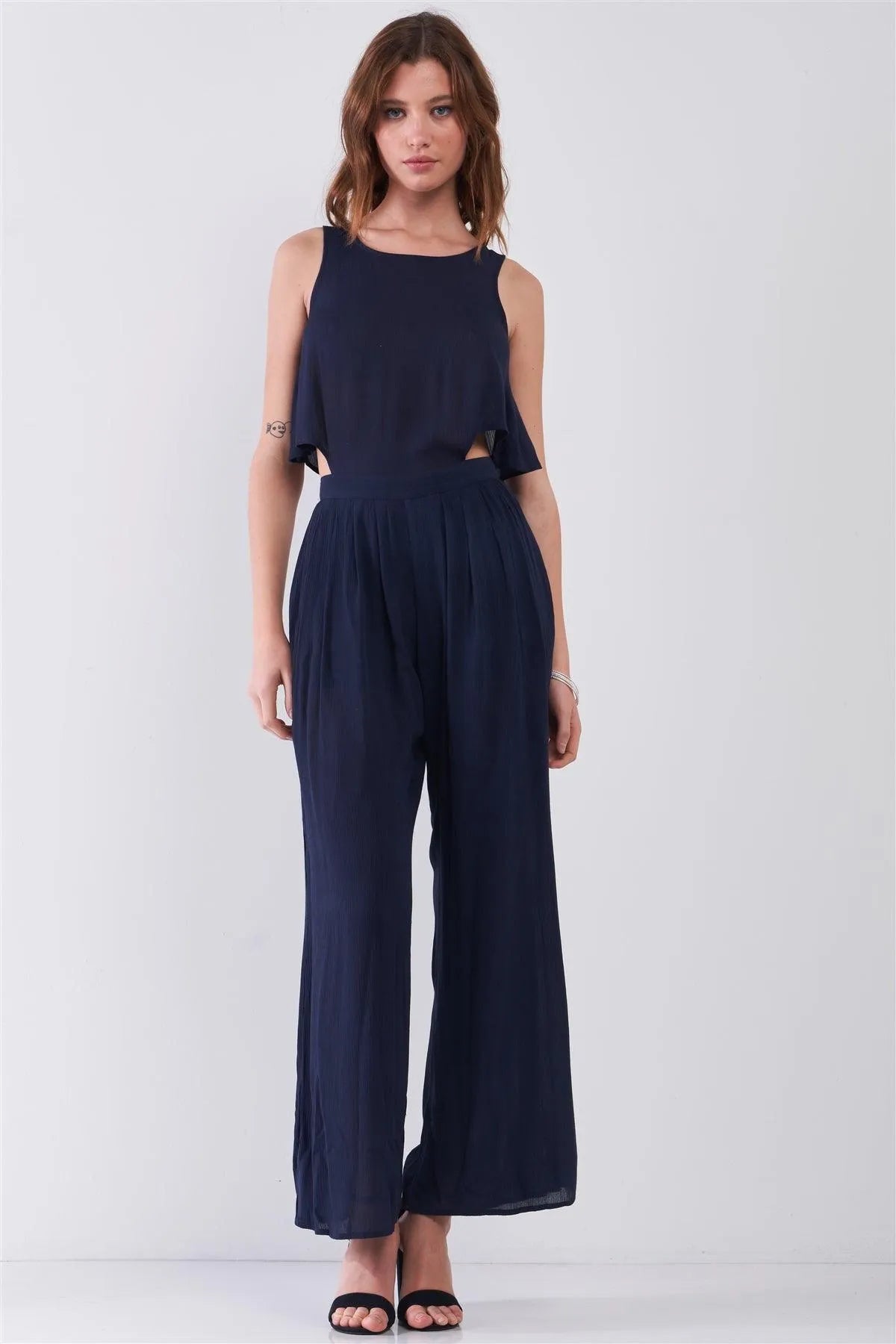 Navy Sleeveless Round Neck Wide Leg Flare Top Button Down Back Jumpsuit /1-2-2-1 - Tasha Apparel Wholesale