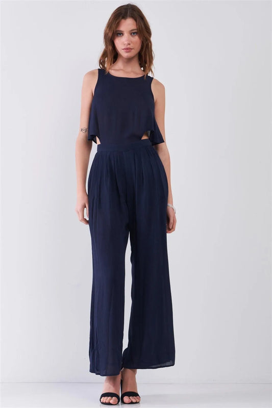 Navy Sleeveless Round Neck Wide Leg Flare Top Button Down Back Jumpsuit /1-2-2-1 - Tasha Apparel Wholesale