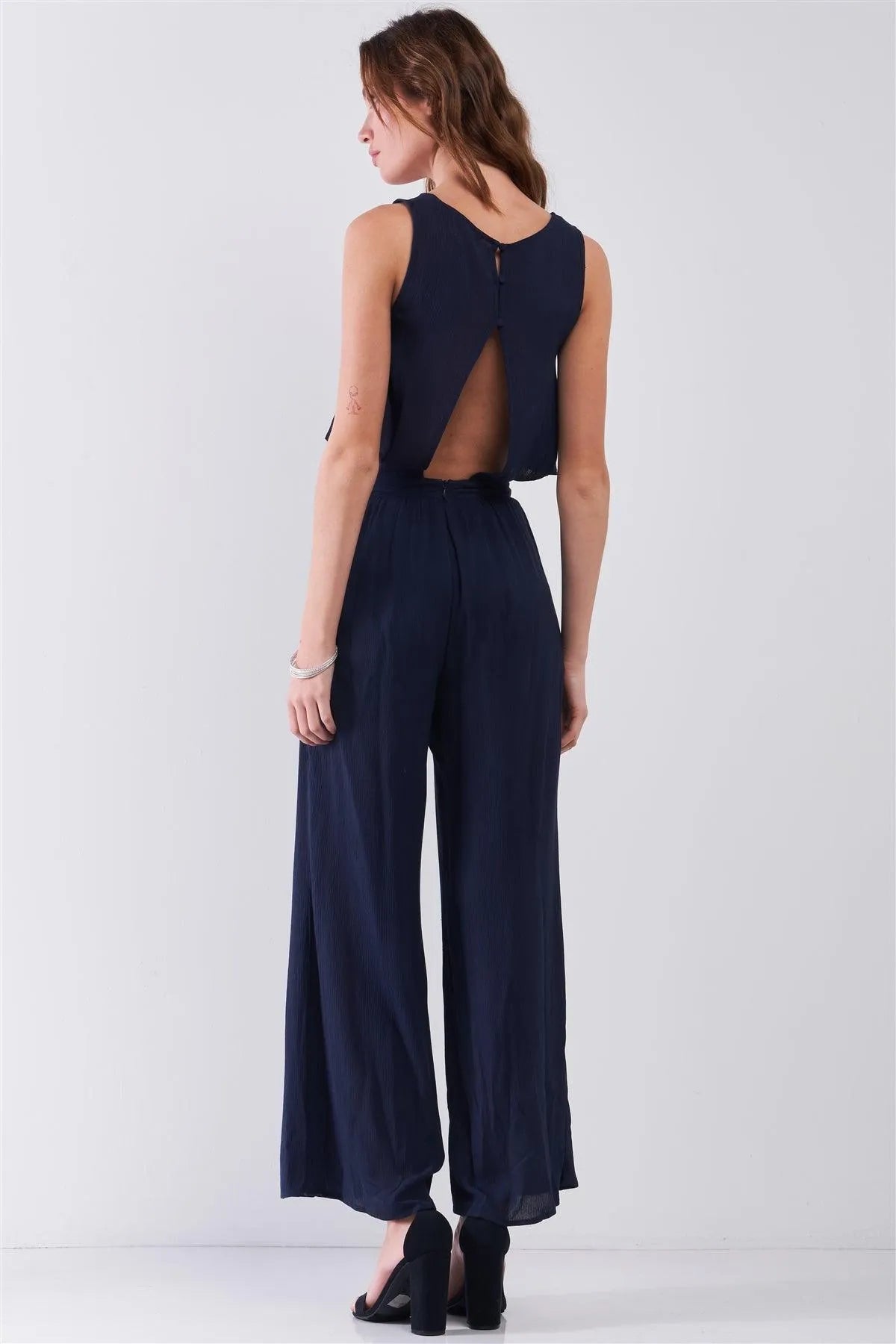 Navy Sleeveless Round Neck Wide Leg Flare Top Button Down Back Jumpsuit /1-2-2-1 - Tasha Apparel Wholesale