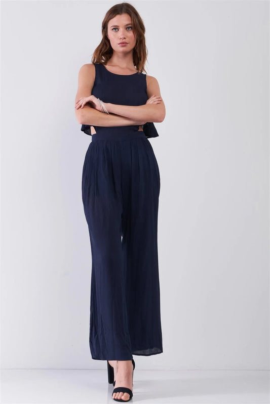 Navy Sleeveless Round Neck Wide Leg Flare Top Button Down Back Jumpsuit /3-3 - Tasha Apparel Wholesale