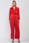 Scarlet Red Satin V-Neck Long Balloon Sleeve Wrap Tie Back Wide Leg Jumpsuit /1-2-2-1 - Tasha Apparel Wholesale