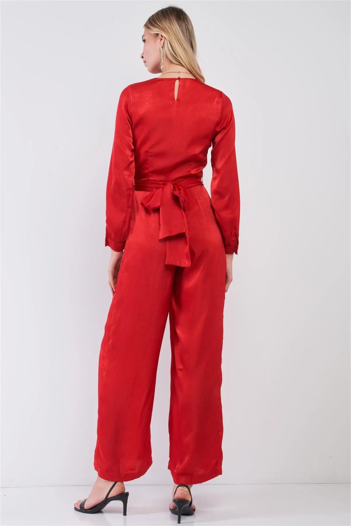 Scarlet Red Satin V-Neck Long Balloon Sleeve Wrap Tie Back Wide Leg Jumpsuit /1-2-2-1 - Tasha Apparel Wholesale