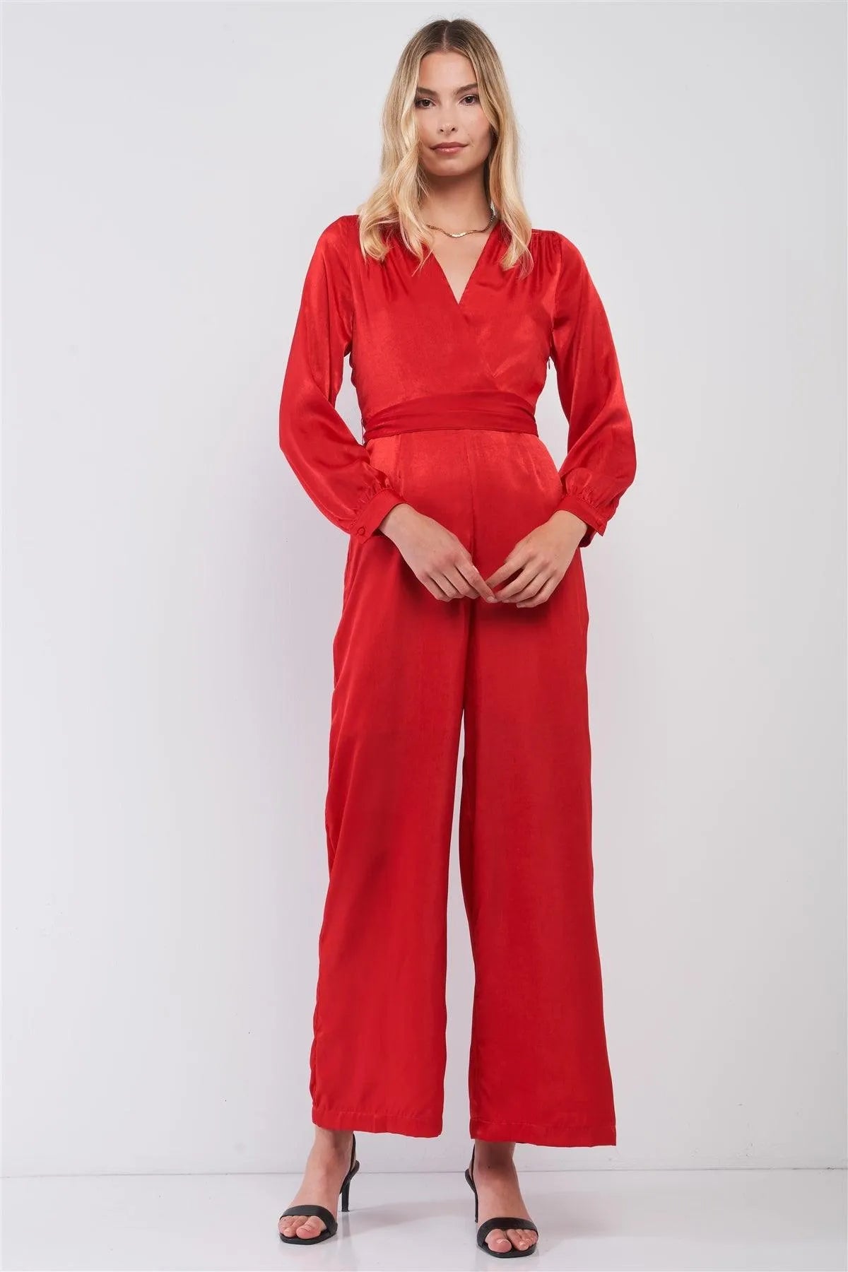 Scarlet Red Satin V-Neck Long Balloon Sleeve Wrap Tie Back Wide Leg Jumpsuit /1-2-2-1 - Tasha Apparel Wholesale