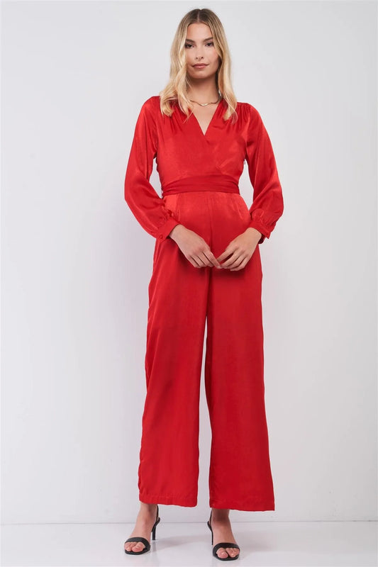 Scarlet Red Satin V-Neck Long Balloon Sleeve Wrap Tie Back Wide Leg Jumpsuit /1-1-2-2 - Tasha Apparel Wholesale