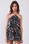 Black Floral Sleeveless Layered Halter Neck Racer Back Strap Detail Romper /1-2-2-1 - Tasha Apparel Wholesale