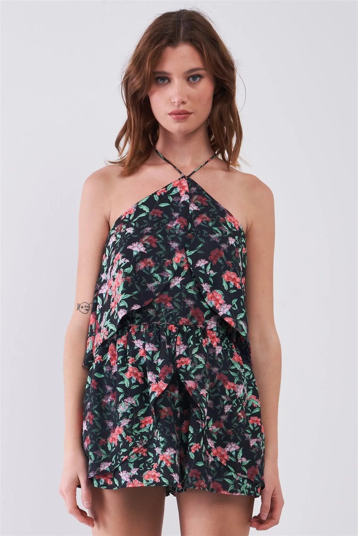Black Floral Sleeveless Layered Halter Neck Racer Back Strap Detail Romper /1-2-2-1 - Tasha Apparel Wholesale