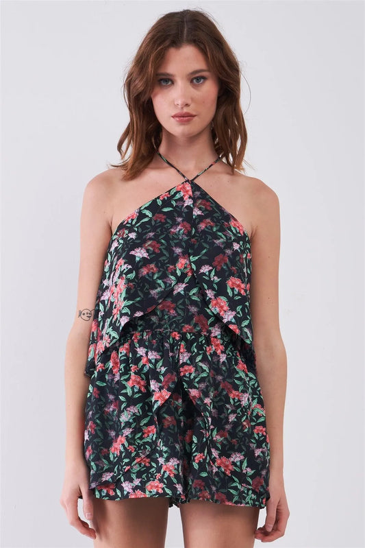 Black Floral Sleeveless Layered Halter Neck Racer Back Strap Detail Romper /1-2-2-1 - Tasha Apparel Wholesale