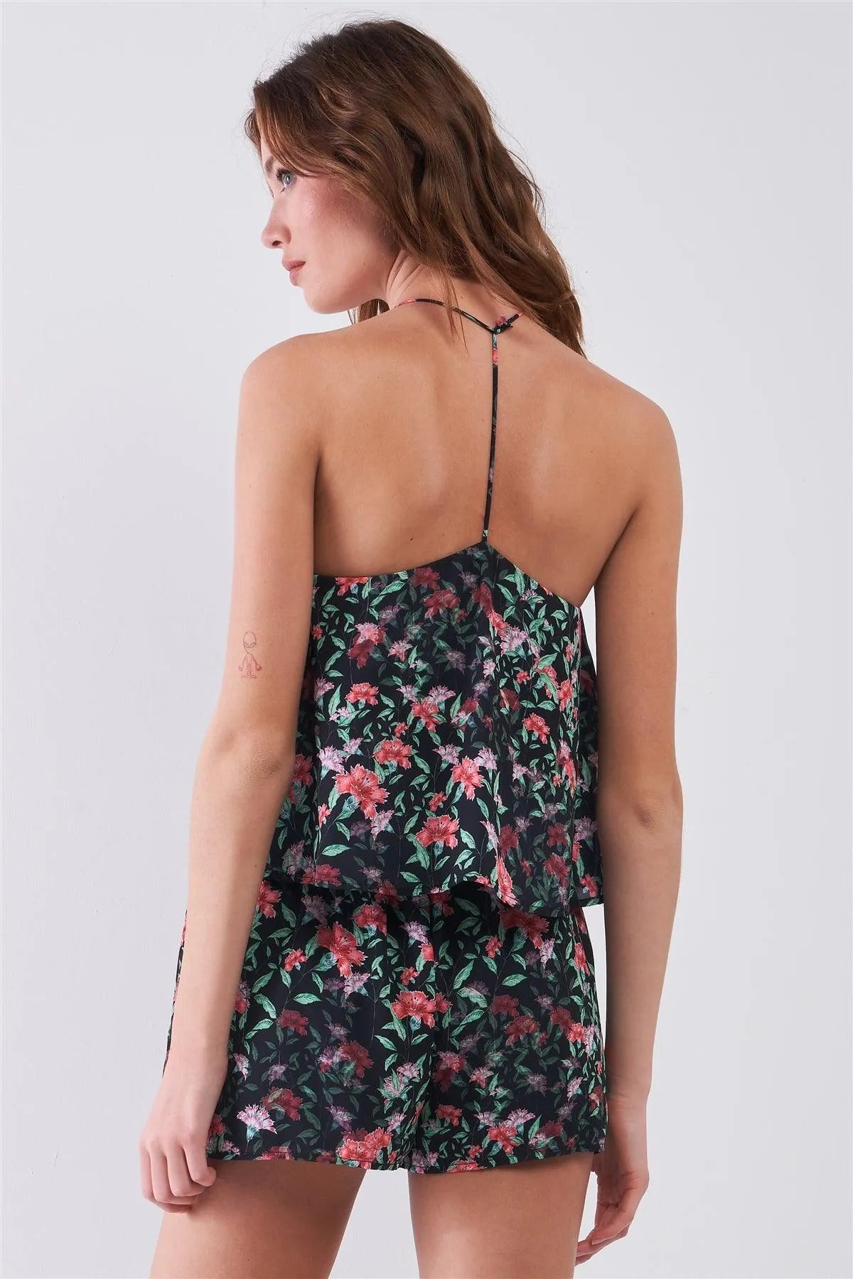 Black Floral Sleeveless Layered Halter Neck Racer Back Strap Detail Romper /1-2-2-1 - Tasha Apparel Wholesale