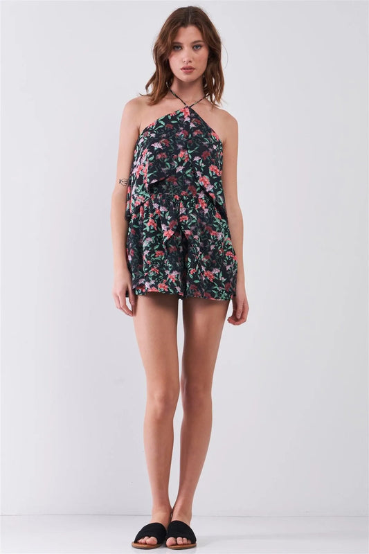 Black Floral Sleeveless Layered Halter Neck Racer Back Strap Detail Romper /2-2-2 - Tasha Apparel Wholesale