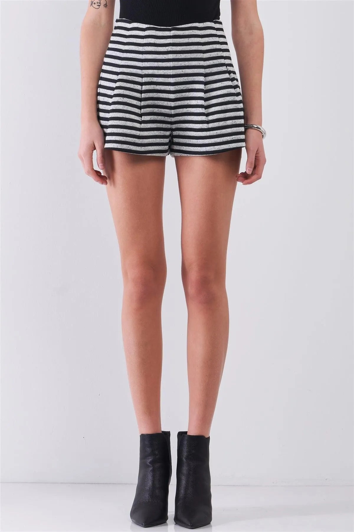 Grey & Black Horizontal Striped High-Waisted Wide Leg Pleated Shorts /1-2-2-1 - Tasha Apparel Wholesale