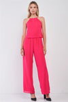 Hot-Pink Sleeveless Halter Neck Wide Leg Back Lace Trim Jumpsuit /1-2-1-1 - Tasha Apparel Wholesale