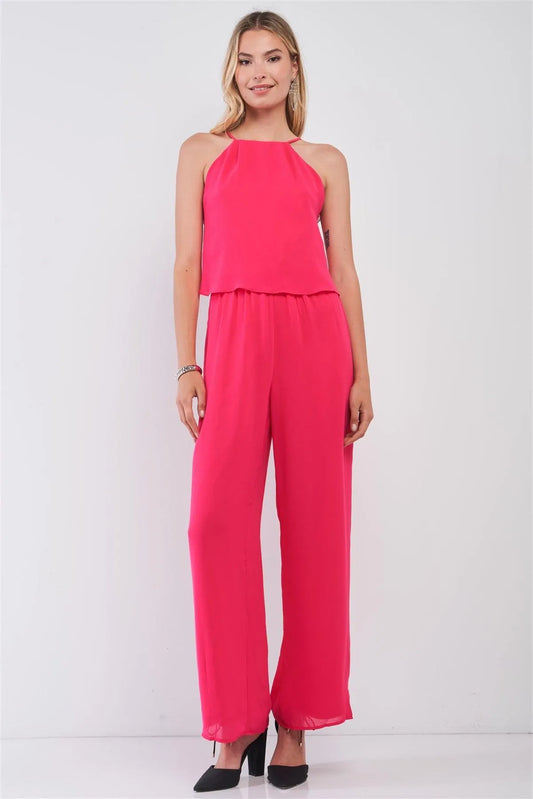 Hot-Pink Sleeveless Halter Neck Wide Leg Back Lace Trim Jumpsuit /1-2-2-1 - Tasha Apparel Wholesale