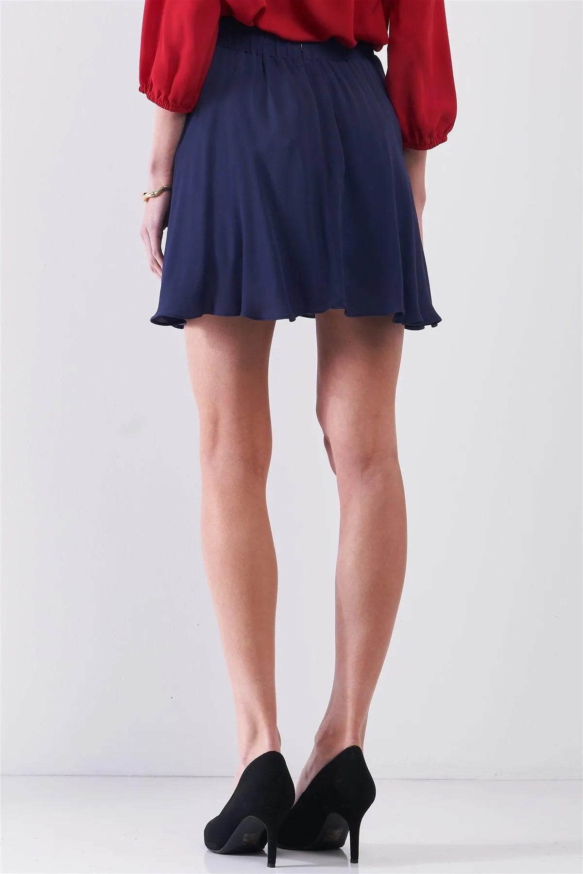 Indigo Blue Solid Stretchy High Waist Flare Mini Skort /1-2-2-1 - Tasha Apparel Wholesale