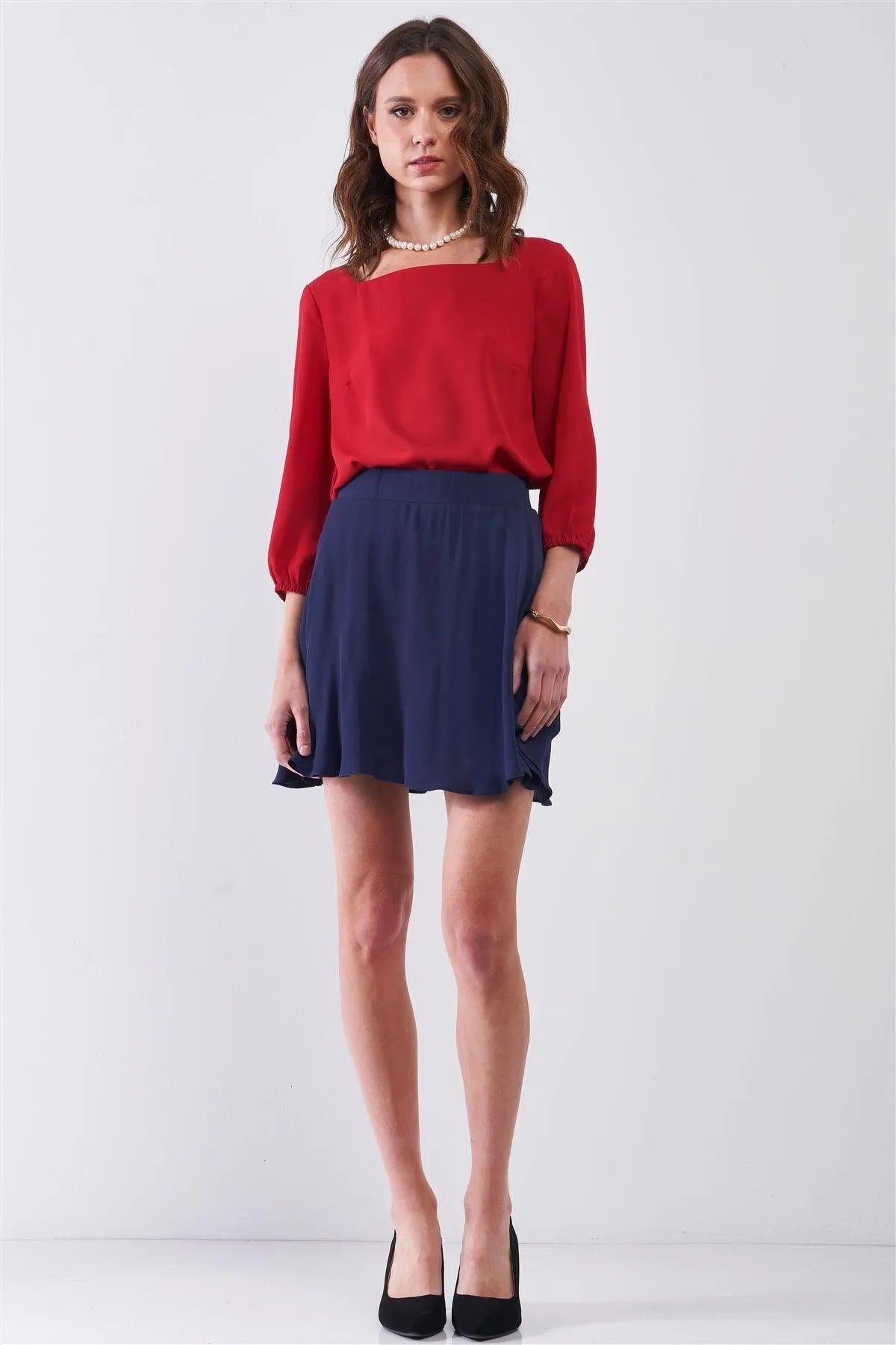 Indigo Blue Solid Stretchy High Waist Flare Mini Skort /1-2-2-1 - Tasha Apparel Wholesale