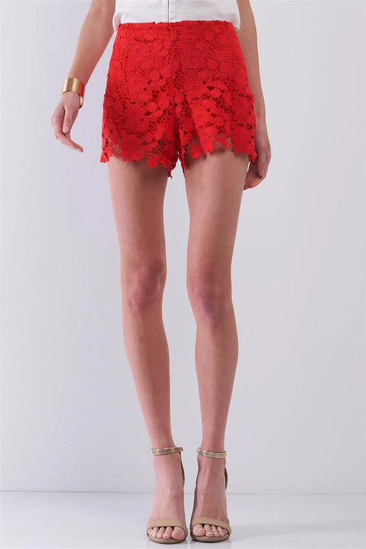Candy Apple Red Floral Crochet High Waist Summer Mini Shorts /1-2-2-1 - Tasha Apparel Wholesale
