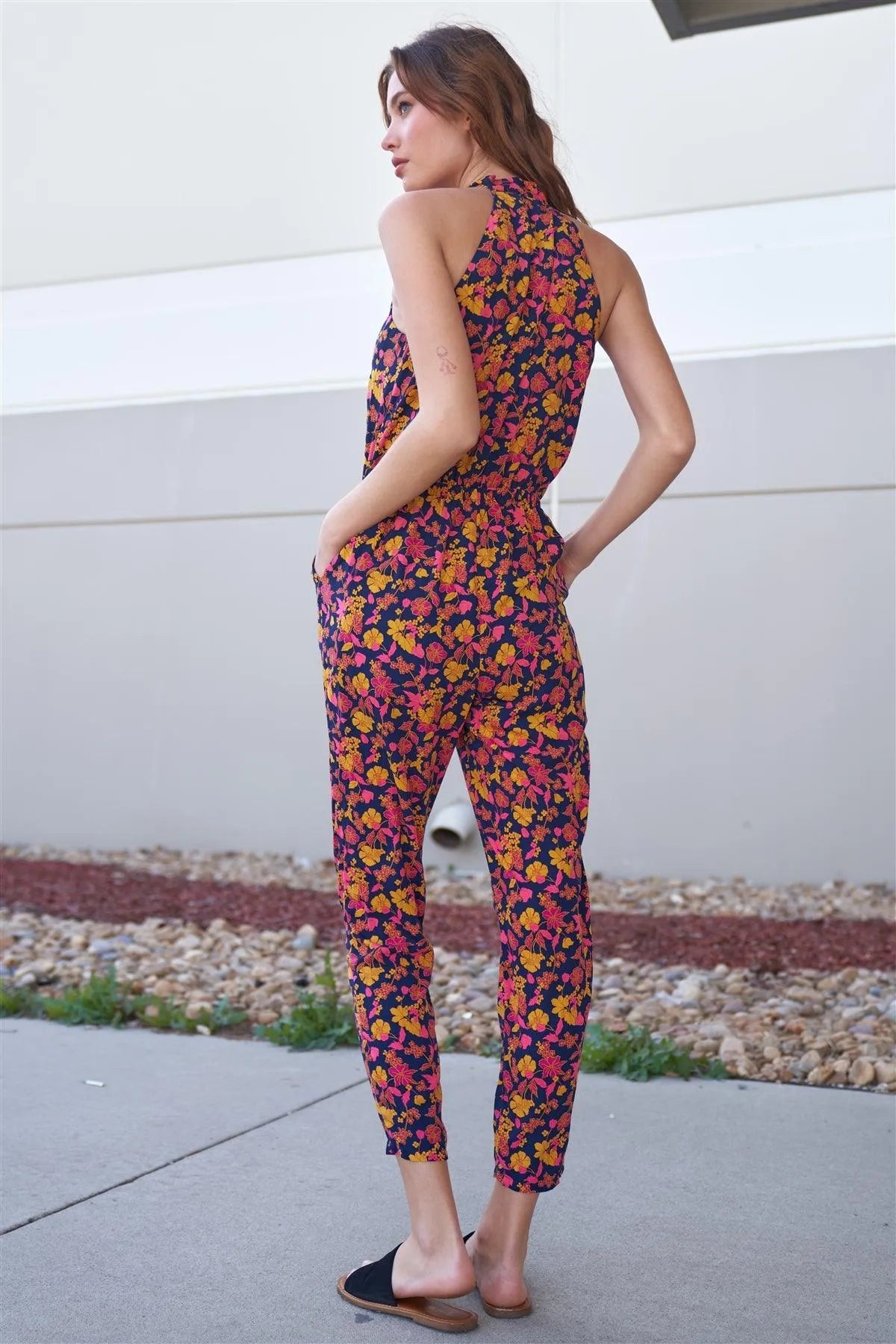 Navy Multi Floral Print Self-Tie Mock Neck Sleeveless Elasticated Waistline Side Pockets Jumpsuit /1-2-2-1 - Tasha Apparel Wholesale