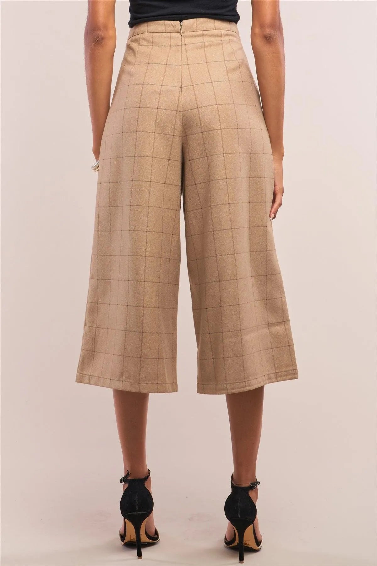 Camel Plaid Checkered Pleated Wide Leg Pants /1-1-3 - Tasha Apparel Wholesale