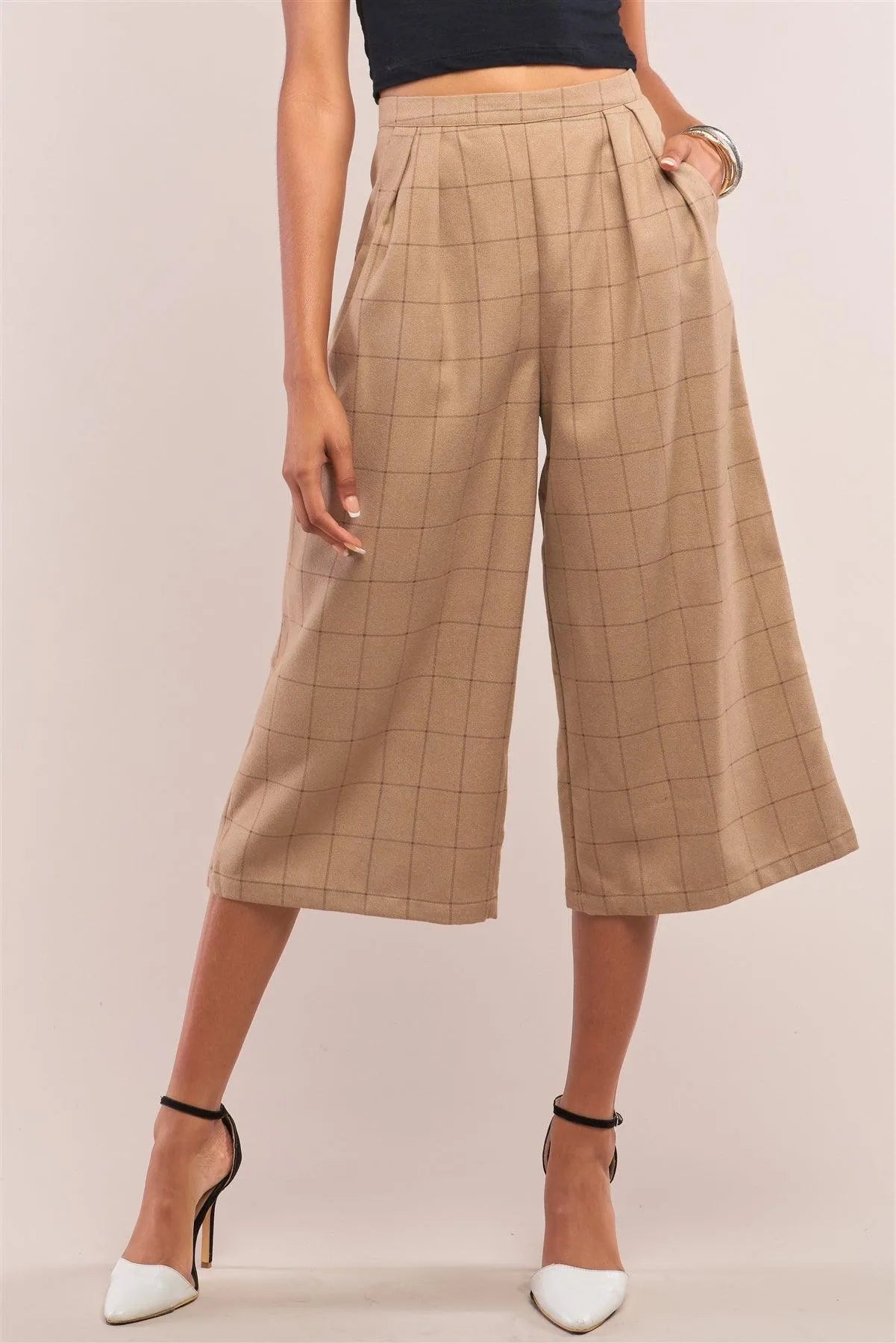 Camel Plaid Checkered High Waisted Pleated Detail Wide Leg Pants /2-1-2-1 - Tasha Apparel Wholesale