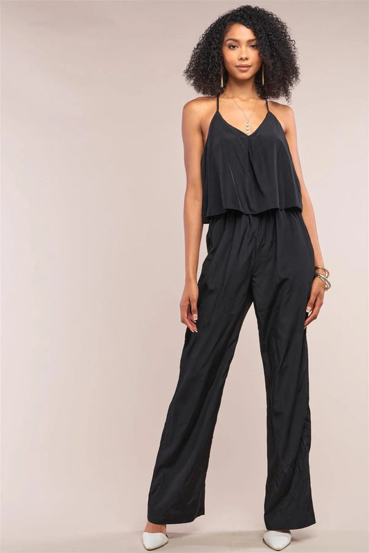 Black Sleeveless V-Neck Wide Leg Jumpsuit /1-2-1 - Tasha Apparel Wholesale